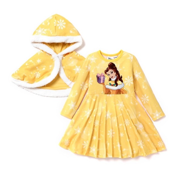 Disney Princess Belle Girl Costume: Long Sleeve Dress and Hooded Short Cape Set - Picture 1 of 11